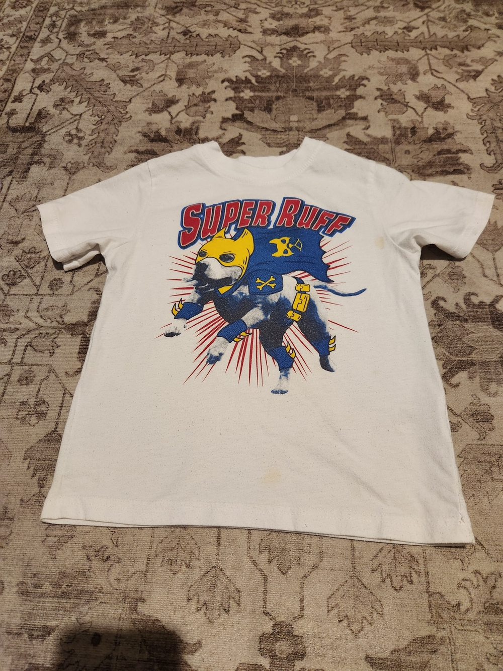 healthtex White Tee with Blue, Yellow & Red "Super Ruff" Dog Graphic